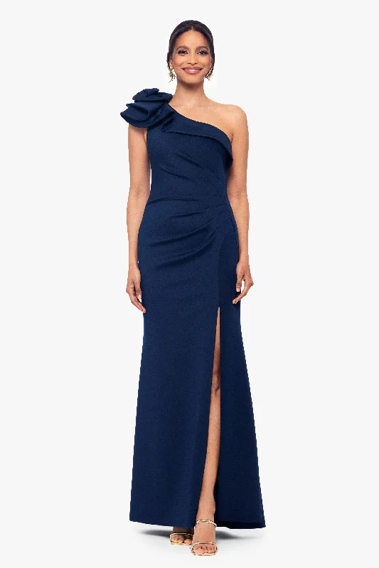 Strapless cocktail dresses with a sweetheart neckline and a full skirt"Marcia" One Shoulder Flower Floor Length Scuba Dress Strapless cocktail dresses with a sweetheart neckline and a full skirt"Marcia" One Shoulder Flower Floor Length Scuba Dress