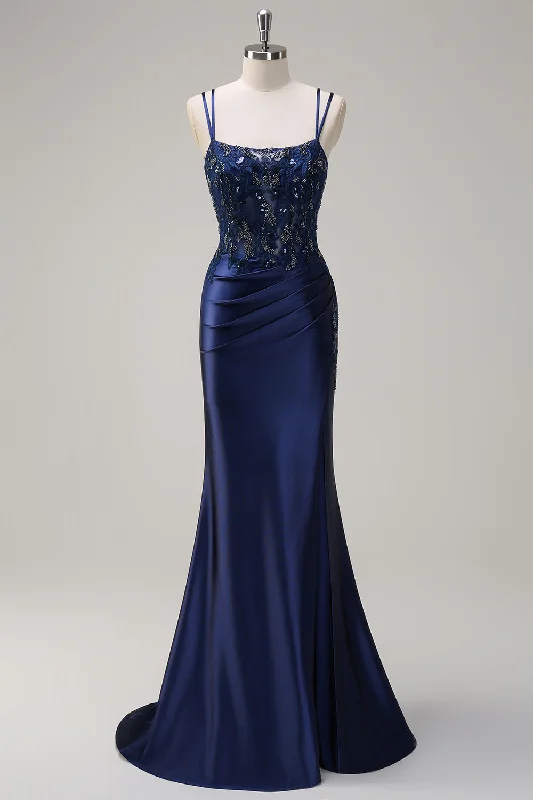 Geometric - printed cocktail dresses with a long - sleeve optionNavy Mermaid Spaghetti Straps Corset Ruched Long Prom Dress With Slit Geometric - printed cocktail dresses with a long - sleeve optionNavy Mermaid Spaghetti Straps Corset Ruched Long Prom Dress With Slit