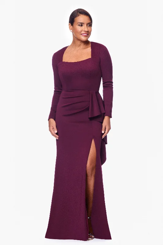 Ruffled cocktail dresses with a knee - length hem for a feminine appealPetite "Adrian" Long Techno Scuba Long Sleeve Ruffle Dress Ruffled cocktail dresses with a knee - length hem for a feminine appealPetite "Adrian" Long Techno Scuba Long Sleeve Ruffle Dress