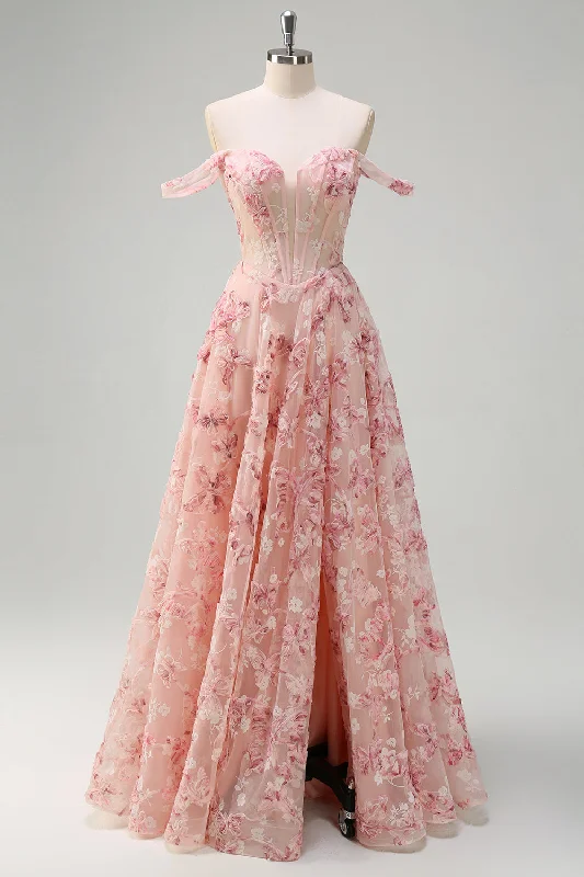 Animal - print cocktail dresses with a V - neck for a fierce lookPink Floral Off The Shouder A-Line Corset Prom Dress with Slit Animal - print cocktail dresses with a V - neck for a fierce lookPink Floral Off The Shouder A-Line Corset Prom Dress with Slit