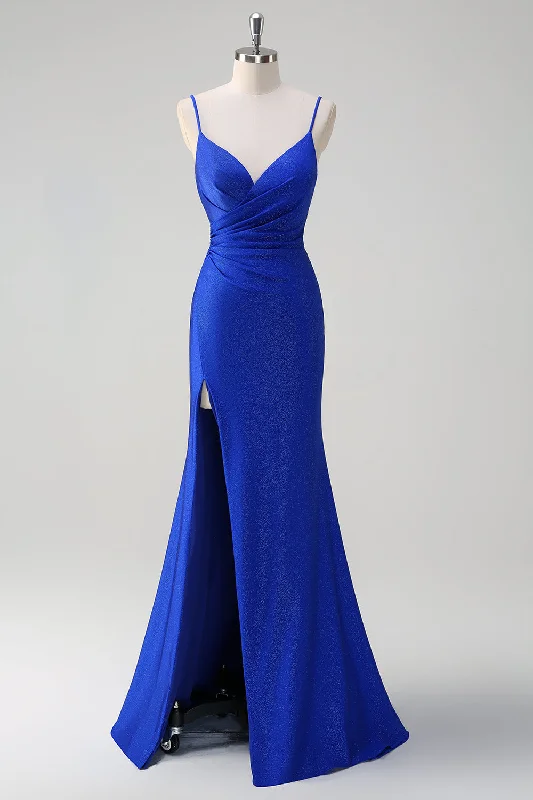 Sequined cocktail dresses with a mermaid silhouetteGlitter Royal Blue Mermaid Spaghetti Straps Ruched Long Prom Dress With Slit Sequined cocktail dresses with a mermaid silhouetteGlitter Royal Blue Mermaid Spaghetti Straps Ruched Long Prom Dress With Slit