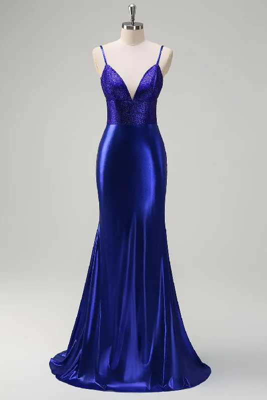 Metallic cocktail dresses with a halter neck for a glamorous occasionRoyal Blue Mermaid V-Neck Beaded Satin Prom Dress With Open Back Metallic cocktail dresses with a halter neck for a glamorous occasionRoyal Blue Mermaid V-Neck Beaded Satin Prom Dress With Open Back