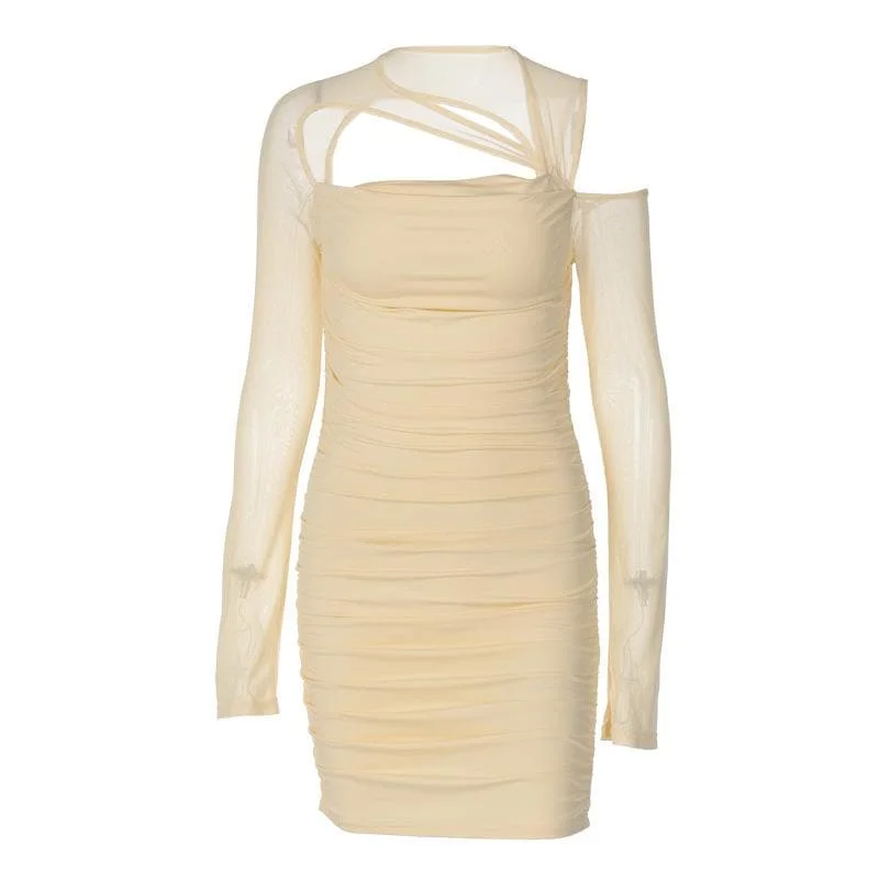 Metallic cocktail dresses with a halter neck for a glamorous occasionBerryBetty - Ruched irregular mesh hollow out long sleeve mini dress Metallic cocktail dresses with a halter neck for a glamorous occasionBerryBetty - Ruched irregular mesh hollow out long sleeve mini dress