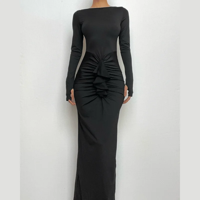 Asymmetric - hem cocktail dresses in a bold color for a fashion - forward lookBerryBetty - Ruched long sleeve solid gloves round neck maxi dress Asymmetric - hem cocktail dresses in a bold color for a fashion - forward lookBerryBetty - Ruched long sleeve solid gloves round neck maxi dress