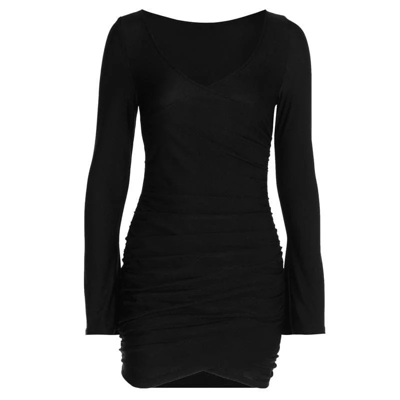 Short cocktail dresses in royal blue for a formal eventBerryBetty - Ruched solid long sleeve v neck mini dress Short cocktail dresses in royal blue for a formal eventBerryBetty - Ruched solid long sleeve v neck mini dress
