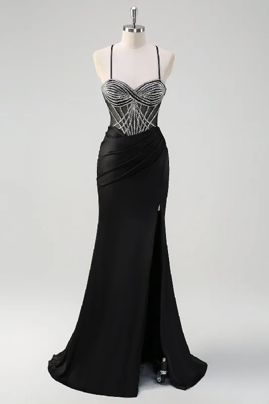 Cocktail dresses with a tassel - adorned belt and a sheath styleSparkly Black Mermaid Halter Neck Beaded Long Prom Dress With Slit Cocktail dresses with a tassel - adorned belt and a sheath styleSparkly Black Mermaid Halter Neck Beaded Long Prom Dress With Slit