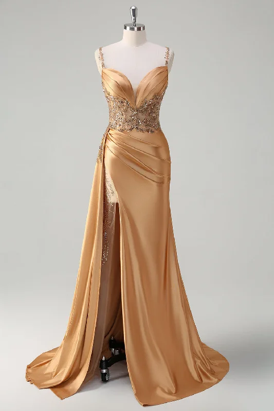 Cocktail dresses with a ruched bodice and spaghetti strapsSparkly Champagne Mermaid Watteau Train Corset Sequins Satin Prom Dress with Slit Cocktail dresses with a ruched bodice and spaghetti strapsSparkly Champagne Mermaid Watteau Train Corset Sequins Satin Prom Dress with Slit