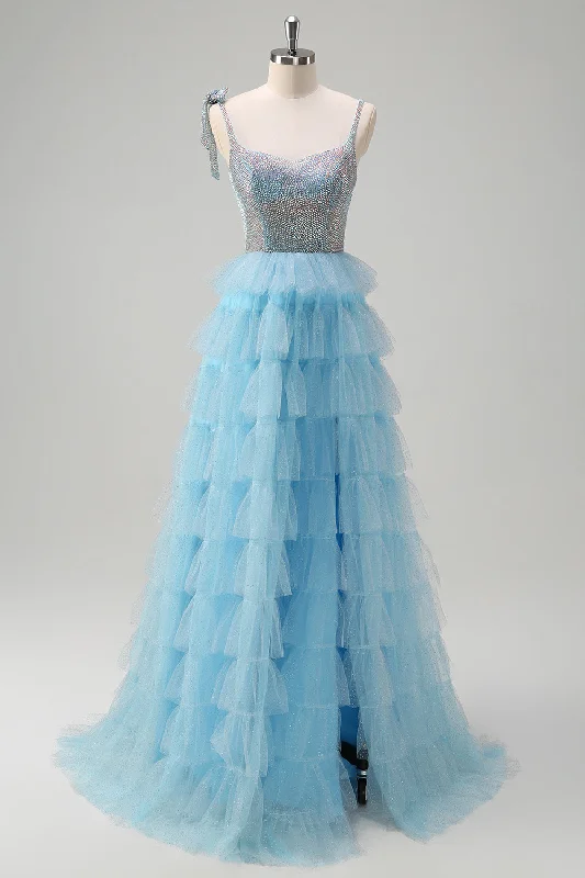 Geometric - printed cocktail dresses with a long - sleeve optionSparkly Light Blue A-Line Ruffled Beaded Prom Dress with Slit Geometric - printed cocktail dresses with a long - sleeve optionSparkly Light Blue A-Line Ruffled Beaded Prom Dress with Slit
