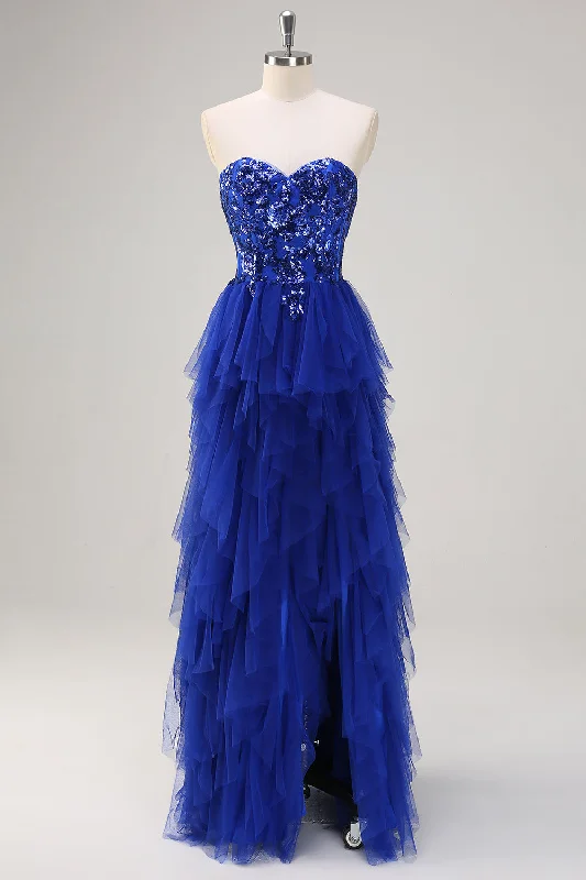 Ribbed - texture cocktail dresses with a cap - sleeve designSparkly Royal Blue A-Line Strapless Sequin Ruffles Tulle Long Prom Dress with Slit Ribbed - texture cocktail dresses with a cap - sleeve designSparkly Royal Blue A-Line Strapless Sequin Ruffles Tulle Long Prom Dress with Slit