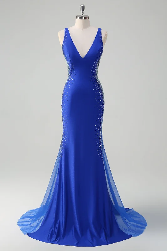 Cocktail dresses with a pleated skirt and a square necklineSparkly Royal Blue Mermaid V Neck Beaded Satin Long Prom Dress Cocktail dresses with a pleated skirt and a square necklineSparkly Royal Blue Mermaid V Neck Beaded Satin Long Prom Dress