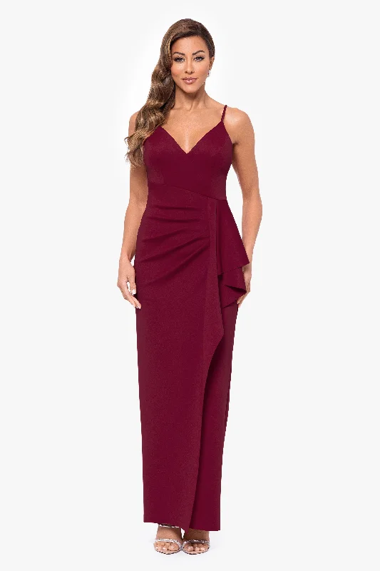 Bow - backed cocktail dresses with a fit - and - flare silhouette"Tabitha" Long Scuba Crepe Spaghetti Strap Side Ruffle Dress Bow - backed cocktail dresses with a fit - and - flare silhouette"Tabitha" Long Scuba Crepe Spaghetti Strap Side Ruffle Dress
