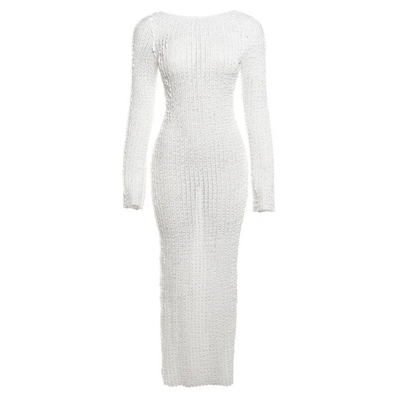 Long - cocktail dresses with a slit and a fitted bodiceBerryBetty - Textured slit ruffle long sleeve solid crewneck maxi dress Long - cocktail dresses with a slit and a fitted bodiceBerryBetty - Textured slit ruffle long sleeve solid crewneck maxi dress