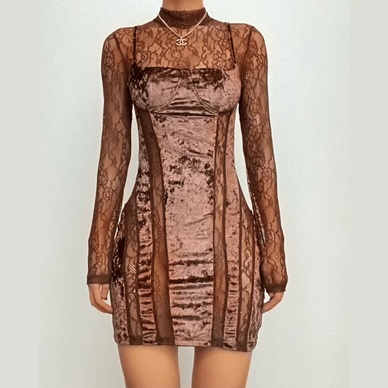 Cocktail dresses with a wrap - front style and a long - length optionBerryBetty - Velvet patchwork high neck long sleeve lace mini dress Cocktail dresses with a wrap - front style and a long - length optionBerryBetty - Velvet patchwork high neck long sleeve lace mini dress