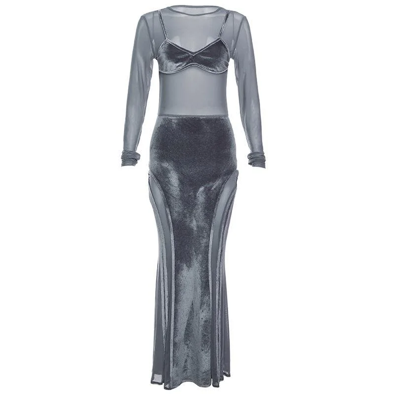 Sequined cocktail dresses with a mermaid silhouetteBerryBetty - Velvet patchwork long sleeve mesh round neck maxi dress