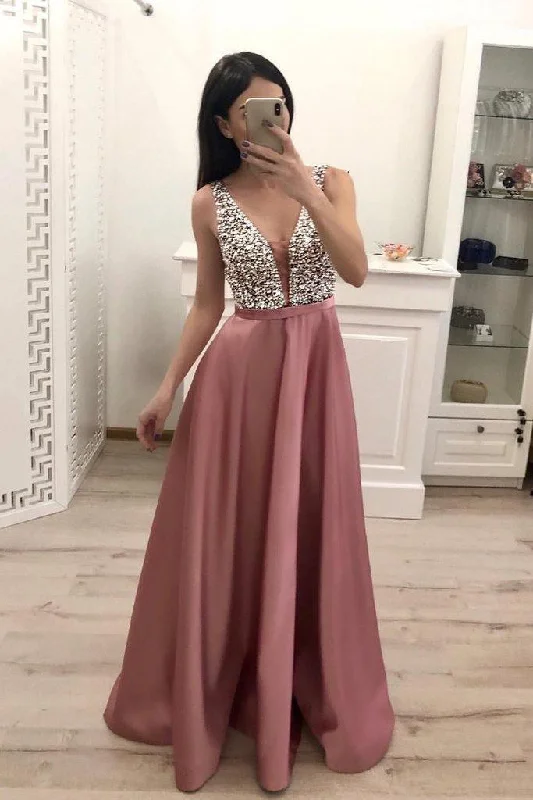Party dresses with a detachable train for added versatilityA Line Beading Satin Prom Dresses V Neck Sleeveless Prom Dress PG872 Party dresses with a detachable train for added versatilityA Line Beading Satin Prom Dresses V Neck Sleeveless Prom Dress PG872