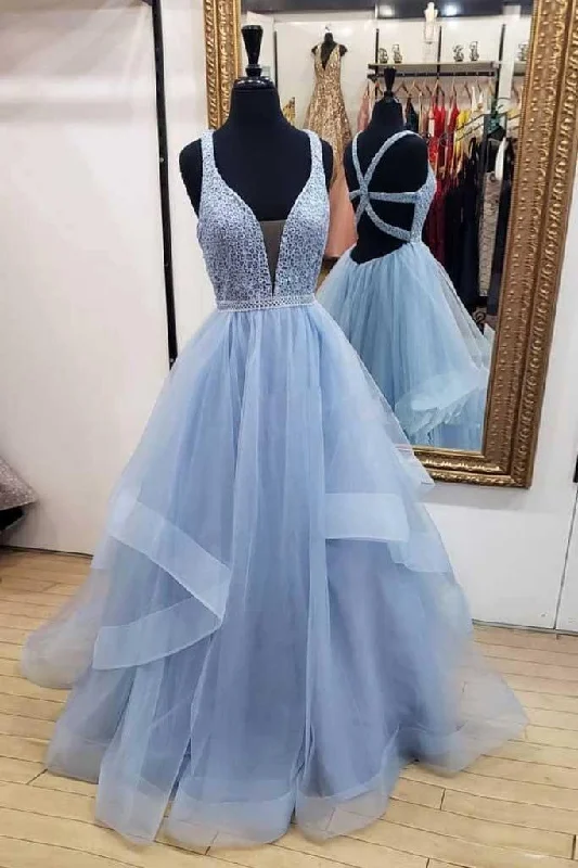 Sparkly sequined party dresses for a glamorous look​A-line Blue Long Prom Dresses Deep V Neck Tulle Party Dresses PG900