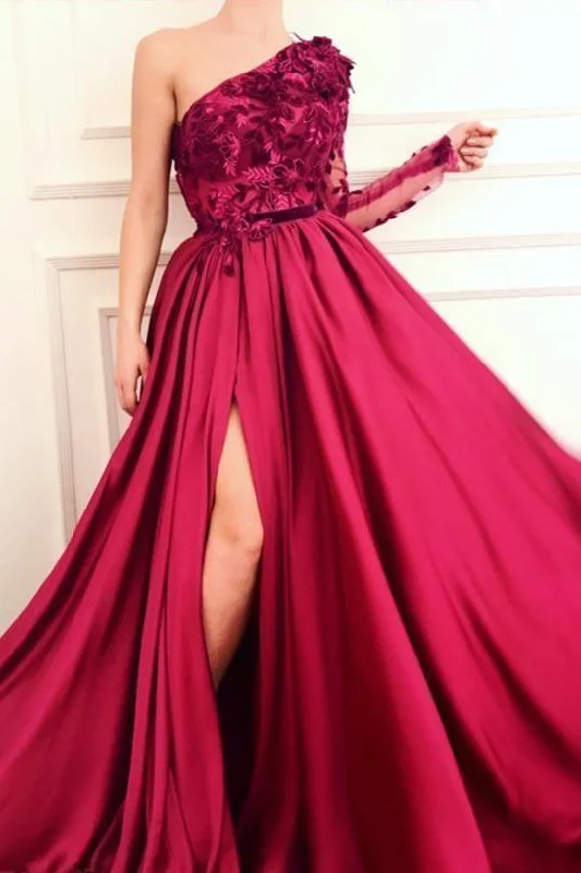 Party dresses with a jacquard pattern for a rich and detailed lookA Line Burgundy Applique Long Sleeve One Shoulder Prom Dresses With Split PG873 Party dresses with a jacquard pattern for a rich and detailed lookA Line Burgundy Applique Long Sleeve One Shoulder Prom Dresses With Split PG873
