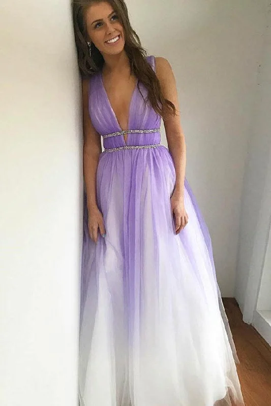 Party dresses with a fringed detail for a fun and dynamic styleA-Line Deep V-Neck Floor-Length Purple Tulle Backless Prom Dress with Beading PG879 Party dresses with a fringed detail for a fun and dynamic styleA-Line Deep V-Neck Floor-Length Purple Tulle Backless Prom Dress with Beading PG879