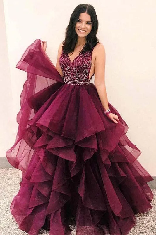 Prom party dresses with a glamorous and elegant aesthetic​A-Line Deep V-Neck Burgundy Tulle Beaded Prom Dress with Ruffles PG881