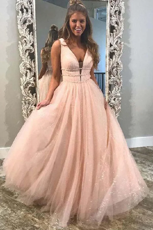 Party dresses with a polka - dot pattern for a classic and playful styleA-Line Deep V-Neck Sweep Train Pink Tulle Backless Prom Dress with Beading PG878 Party dresses with a polka - dot pattern for a classic and playful styleA-Line Deep V-Neck Sweep Train Pink Tulle Backless Prom Dress with Beading PG878