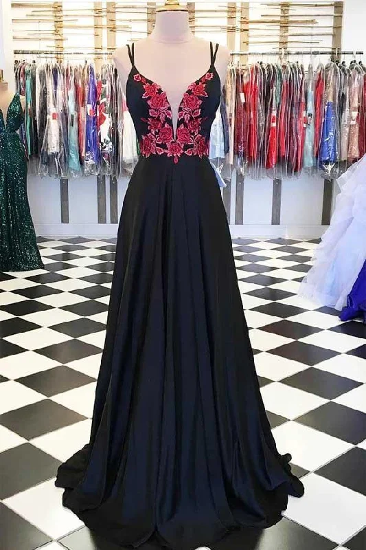 Party dresses with a one - shoulder design for a modern and unique lookA-line Satin Spaghetti Straps Floral Appliques Black Long Prom Dress PG863 Party dresses with a one - shoulder design for a modern and unique lookA-line Satin Spaghetti Straps Floral Appliques Black Long Prom Dress PG863