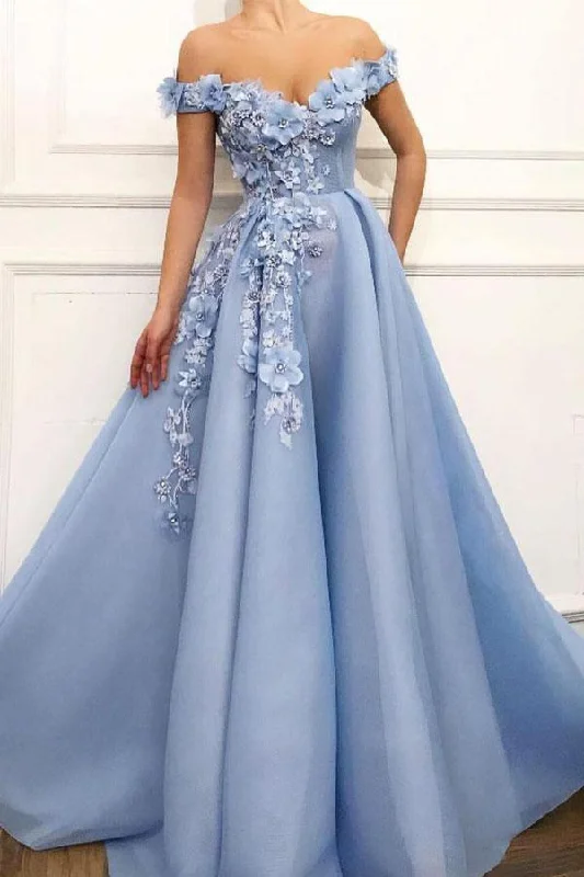 Party dresses with a pom - pom trim for a fun and festive touchSky Blue Off the Shoulder Flower Appliques Long Beautiful Prom Dress PG845 Party dresses with a pom - pom trim for a fun and festive touchSky Blue Off the Shoulder Flower Appliques Long Beautiful Prom Dress PG845