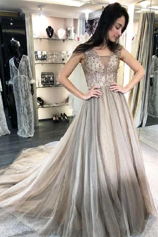 Party dresses with a fringed detail for a fun and dynamic styleA-Line Sleeveless Beaded Silver Long Prom Dress Formal Dress PG850 Party dresses with a fringed detail for a fun and dynamic styleA-Line Sleeveless Beaded Silver Long Prom Dress Formal Dress PG850
