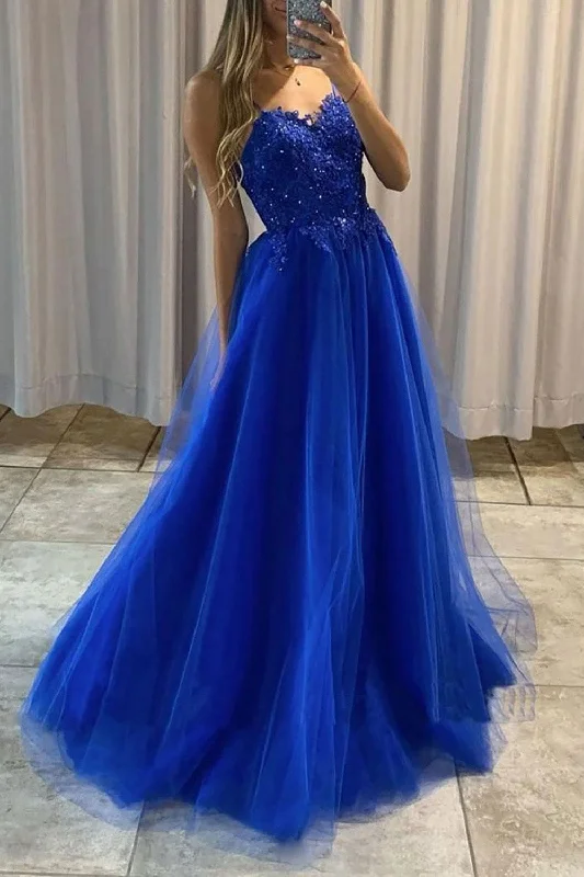 Party dresses with a leatherette material for a tough and stylish appearanceA-Line Spaghetti Straps Royal Blue Long Prom Dress with Beading Party dresses with a leatherette material for a tough and stylish appearanceA-Line Spaghetti Straps Royal Blue Long Prom Dress with Beading