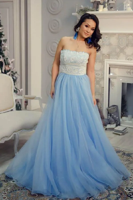 Party dresses with a ruched fabric for a textured and flattering effectA-Line Strapless Floor-Length Light Blue Prom Dress with Lace Beading PG876 Party dresses with a ruched fabric for a textured and flattering effectA-Line Strapless Floor-Length Light Blue Prom Dress with Lace Beading PG876