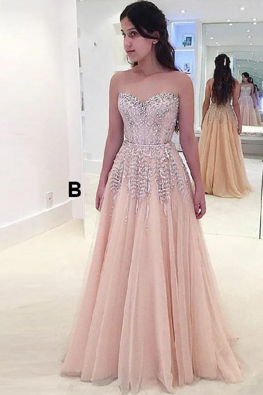 Party dresses with a peplum waist for a feminine and flattering silhouetteA-Line Sweetheart Pearl Pink Tulle Prom Dress with Beading PG852 Party dresses with a peplum waist for a feminine and flattering silhouetteA-Line Sweetheart Pearl Pink Tulle Prom Dress with Beading PG852