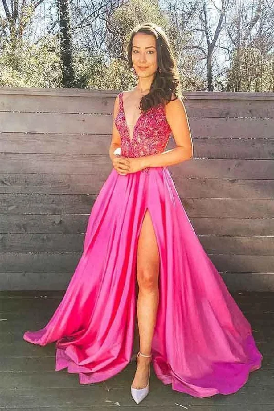 Satin party dresses with a smooth and lustrous finishA-line V-Neck Appliques Fuchsia Beading Long Prom Dress with Slit PG884 Satin party dresses with a smooth and lustrous finishA-line V-Neck Appliques Fuchsia Beading Long Prom Dress with Slit PG884