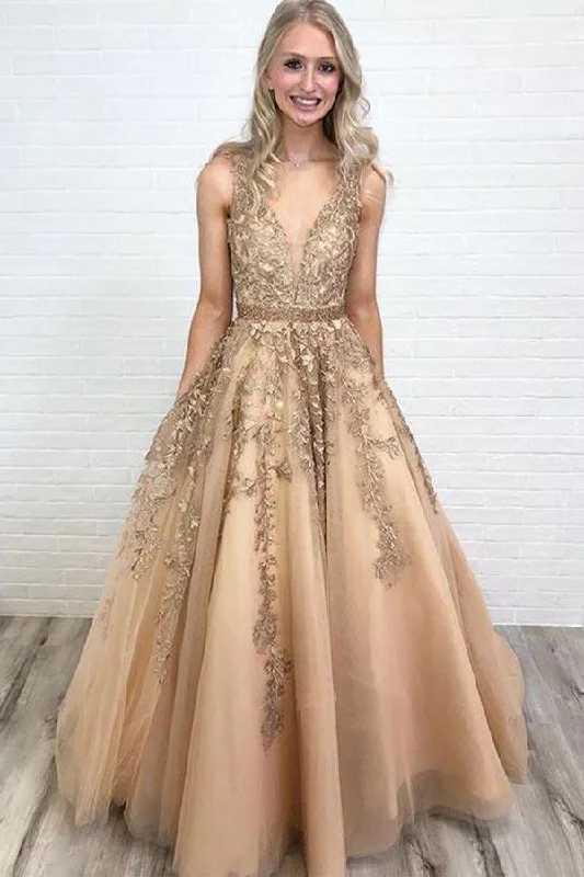 Party dresses with a ruched fabric for a textured and flattering effectA-line V Neck Open Back Gold Lace Long Prom Dresses with Beading PG849 Party dresses with a ruched fabric for a textured and flattering effectA-line V Neck Open Back Gold Lace Long Prom Dresses with Beading PG849