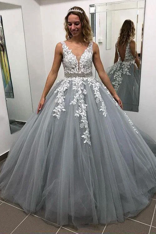 Party dresses with a handkerchief hem for a unique and flowing styleBall Gown Grey V Neck Long Prom Dresses Tulle Evening Dresses PG847 Party dresses with a handkerchief hem for a unique and flowing styleBall Gown Grey V Neck Long Prom Dresses Tulle Evening Dresses PG847