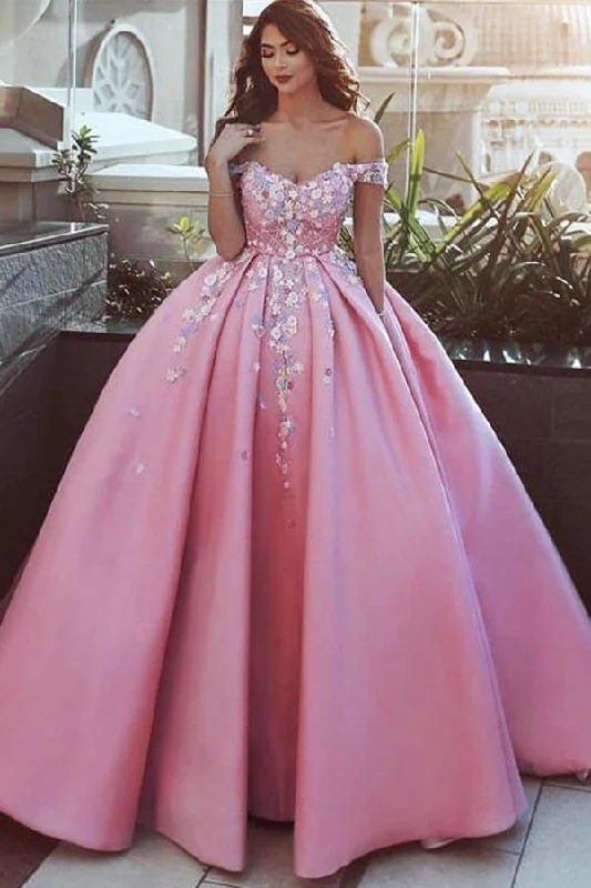 Strapless party dresses with a beaded bodice for added eleganceBall Gown Off-the-Shoulder Pink Satin Prom Dress with Appliques PG870 Strapless party dresses with a beaded bodice for added eleganceBall Gown Off-the-Shoulder Pink Satin Prom Dress with Appliques PG870