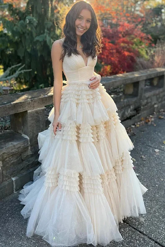 Party dresses with a lace overlay for a feminine touch​Beige Tulle Tiered Spaghetti Straps Long Prom Dress with Slit