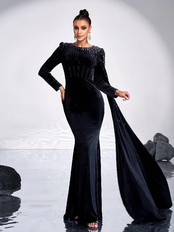 Prom dresses with tiered lace skirts and off - the - shoulder necklines for a feminine and elegant formal affairBlack Velvet Ribbon Long Sleeve Evening Dress MES00645 Prom dresses with tiered lace skirts and off - the - shoulder necklines for a feminine and elegant formal affairBlack Velvet Ribbon Long Sleeve Evening Dress MES00645
