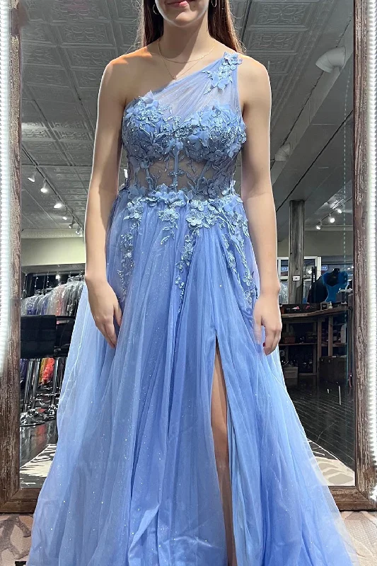 Prom dresses with side - slit skirts and beaded fringes for a glamorous appearanceBlue A Line One Shoulder Long Corset Prom Dress With Appliques Prom dresses with side - slit skirts and beaded fringes for a glamorous appearanceBlue A Line One Shoulder Long Corset Prom Dress With Appliques