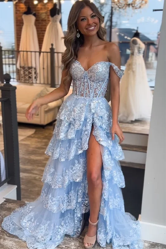 Long - length party dresses with a high - low hem for a trendy styleBlue Corset Tiered Lace Prom Dress with Slit Long - length party dresses with a high - low hem for a trendy styleBlue Corset Tiered Lace Prom Dress with Slit
