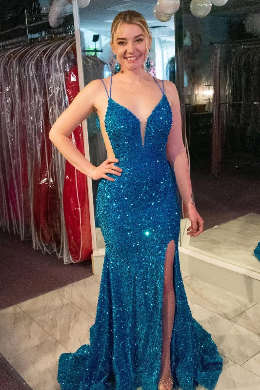 Formal dresses with button - front designs and tulle skirts for a charming prom styleBlue Sequins Mermaid Long Prom Dress With Slit Formal dresses with button - front designs and tulle skirts for a charming prom styleBlue Sequins Mermaid Long Prom Dress With Slit