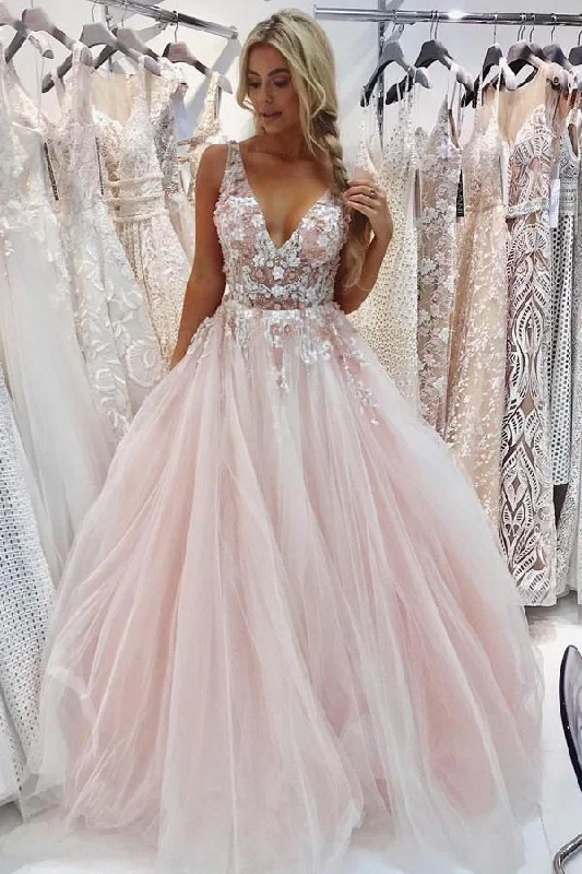 Long - length party dresses with a high - low hem for a trendy styleCharming V-Neck Floor-Length Pink Tulle Prom Dress with Appliques Beading PG899 Long - length party dresses with a high - low hem for a trendy styleCharming V-Neck Floor-Length Pink Tulle Prom Dress with Appliques Beading PG899