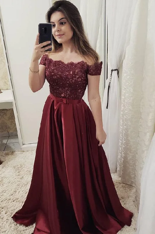 Short - length party dresses with a ruffled skirt for a flirty lookChic Burgundy Off Shoulder Floor Length Satin Lace Prom Dresses PG897 Short - length party dresses with a ruffled skirt for a flirty lookChic Burgundy Off Shoulder Floor Length Satin Lace Prom Dresses PG897