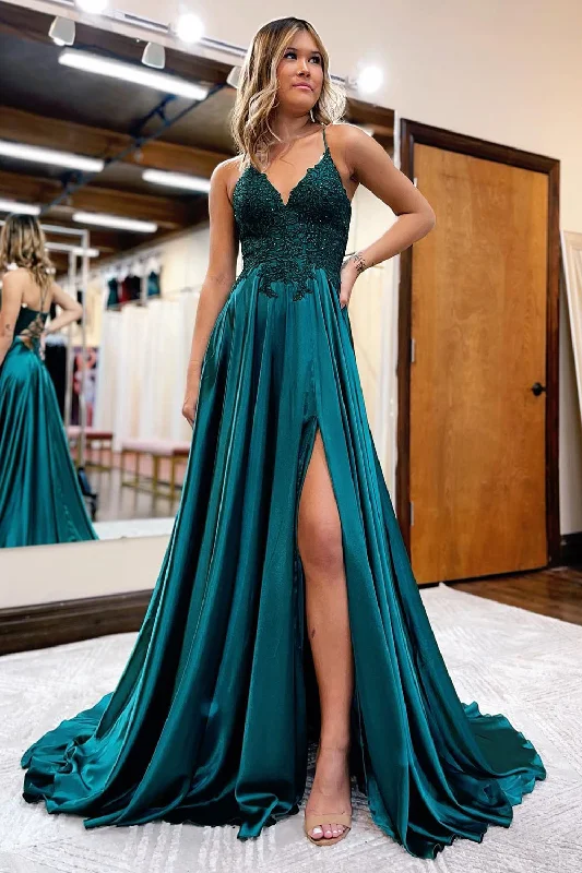 Fairy - themed party dresses with wings and glitter for a magical lookDark Green Satin A-Line Appliques Prom Dress with Slit Fairy - themed party dresses with wings and glitter for a magical lookDark Green Satin A-Line Appliques Prom Dress with Slit