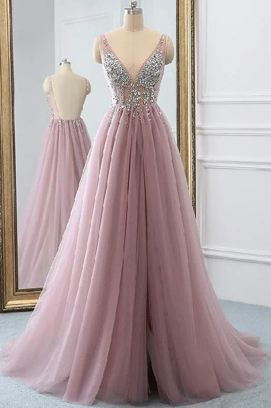 80s - inspired party dresses with bold colors and big shouldersDusty Pink Sparkly V Neck A Line Tulle Long Prom/Evening Dress PG875 80s - inspired party dresses with bold colors and big shouldersDusty Pink Sparkly V Neck A Line Tulle Long Prom/Evening Dress PG875