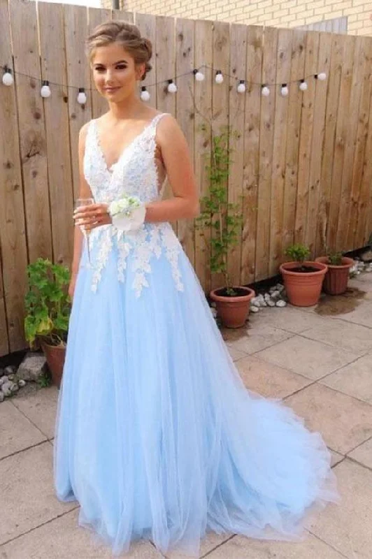 Fairy - themed party dresses with wings and glitter for a magical lookElegant Blue Tulle A line V neck Lace Long Prom Dresses Formal Dresses PG848 Fairy - themed party dresses with wings and glitter for a magical lookElegant Blue Tulle A line V neck Lace Long Prom Dresses Formal Dresses PG848