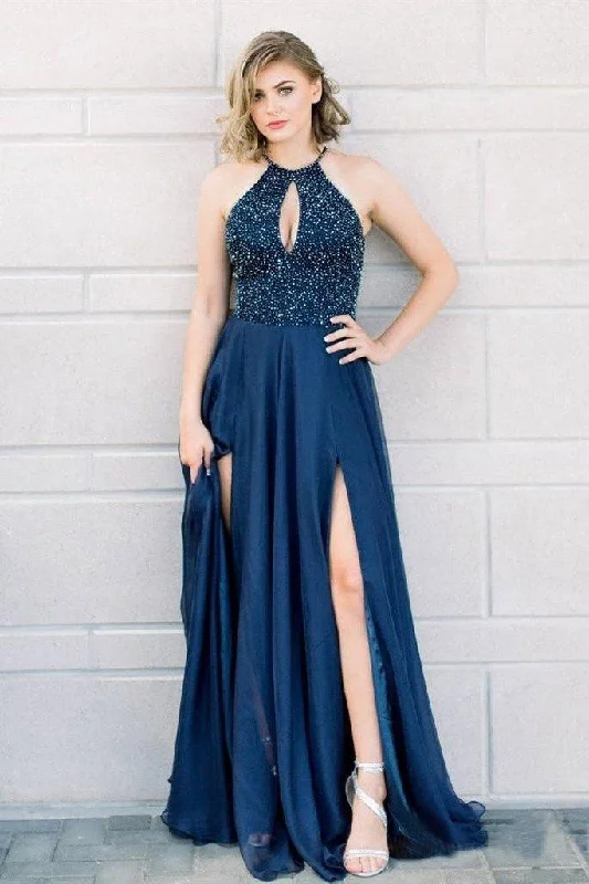 Party dresses with a satin - lined interior for added comfortElegant Halter Beaded Navy Blue Long Prom Dresses with Split PG874 Party dresses with a satin - lined interior for added comfortElegant Halter Beaded Navy Blue Long Prom Dresses with Split PG874