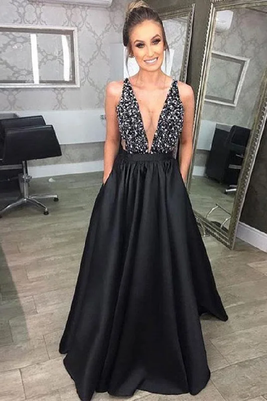 Party dresses with a metallic finish for a shiny and eye - catching effectFashion Deep V Neck Black Long Prom Dresses with Pockets PG867 Party dresses with a metallic finish for a shiny and eye - catching effectFashion Deep V Neck Black Long Prom Dresses with Pockets PG867