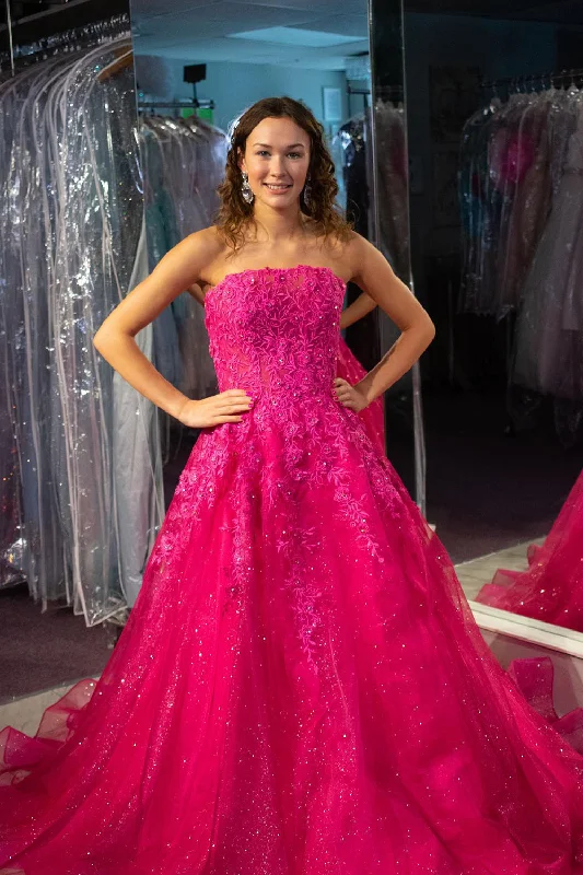 Prom dresses with lace - up side panels and ruffled bodices for a feminine and detailed lookFuchsia A Line Strapless Long Prom Dress With Embroidery Prom dresses with lace - up side panels and ruffled bodices for a feminine and detailed lookFuchsia A Line Strapless Long Prom Dress With Embroidery