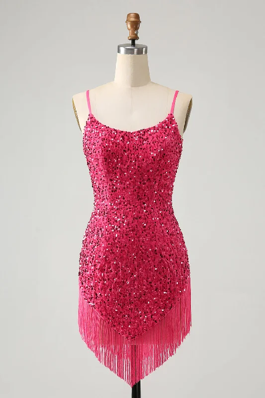 Party dresses with a metallic - thread embroidery for a luxurious touchFuchsia Sequins Spaghetti Straps Party Dress with Tassels Party dresses with a metallic - thread embroidery for a luxurious touchFuchsia Sequins Spaghetti Straps Party Dress with Tassels