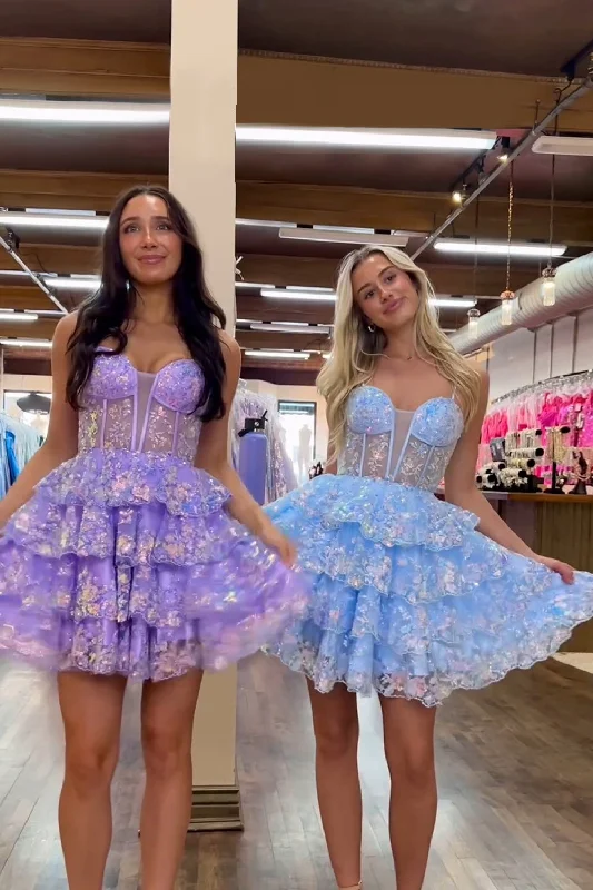 Tea - length party dresses for a sophisticated and versatile optionGlitter Blue Corset A-Line Tiered Party Dress with Appliques Tea - length party dresses for a sophisticated and versatile optionGlitter Blue Corset A-Line Tiered Party Dress with Appliques