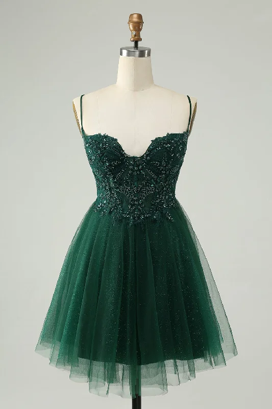 Party dresses with a metallic - thread embroidery for a luxurious touchGlitter Dark Green A-Line Beaded Appliques Tulle Short Prom Dress Party dresses with a metallic - thread embroidery for a luxurious touchGlitter Dark Green A-Line Beaded Appliques Tulle Short Prom Dress
